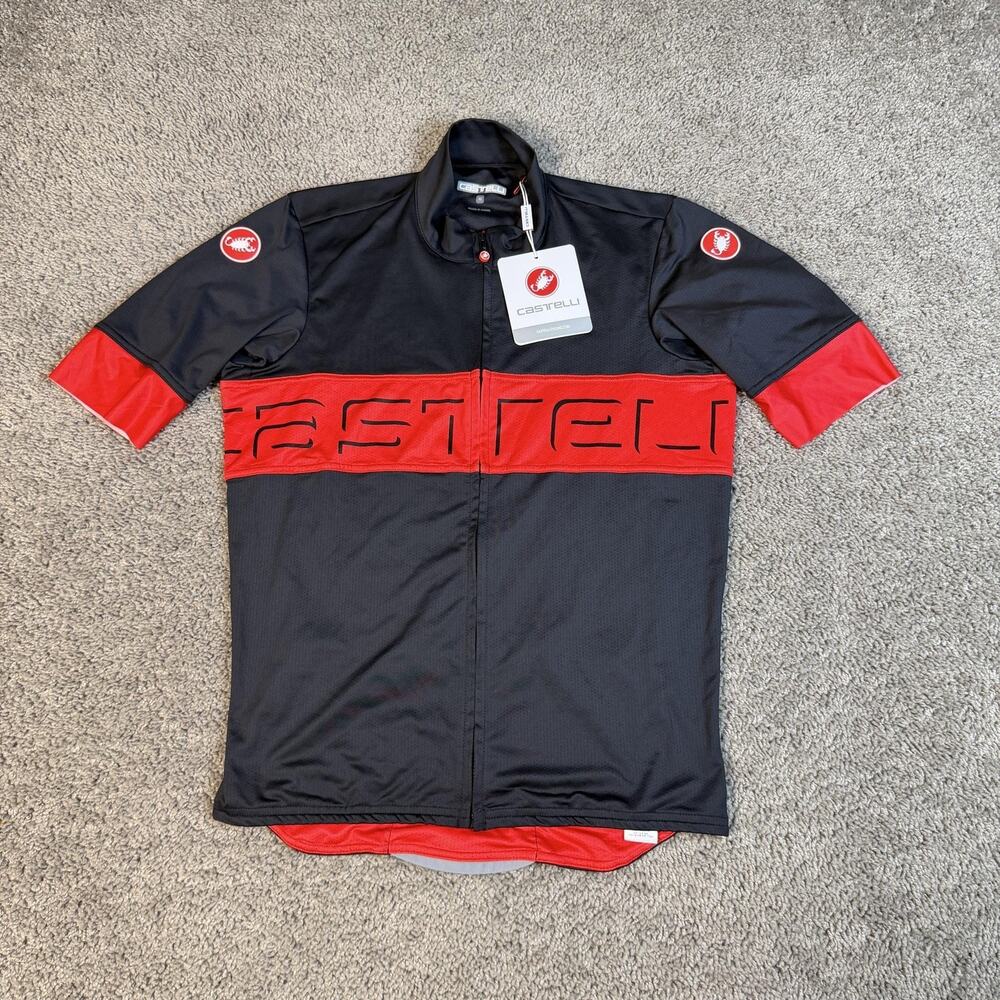 Castelli Cycling Jersey Mens M Prologo 6 Black Red Full Zip Pockets Breathable